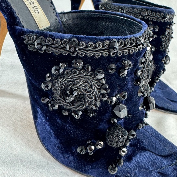 PRADA Navy Blue Velvet Faux Stone Embroidered Heels Sandals 36.5 - 6.5US - Picture 8 of 12